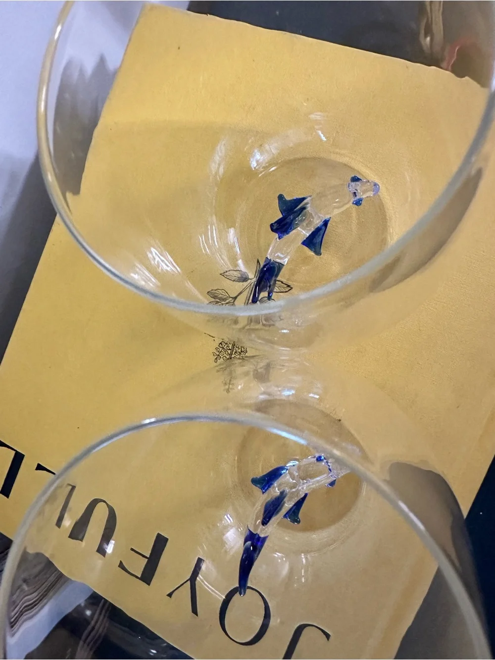 Stemless Wine Glass with Blue Fin Shark Blown Glass Accent Bar Glasses